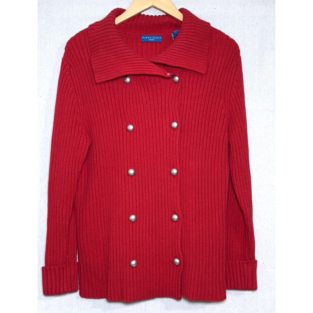 Karen Scott Double Breasted Button Up Sweater Cardigan Women's Casual Red Knit M